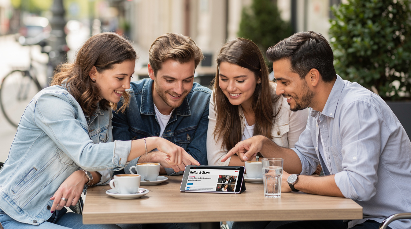 Group of German friends discussing entertainment news over coffee